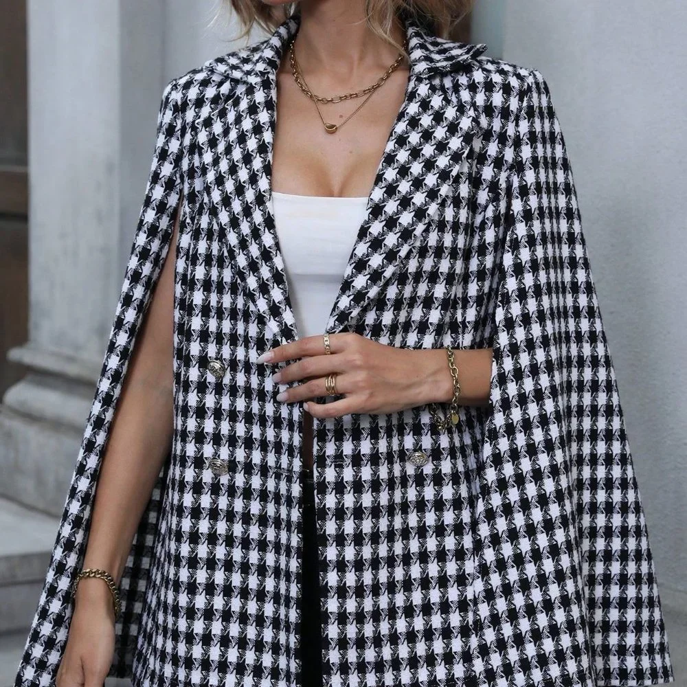 White & Black Preppy Houndstooth Print Cloak Sleeve Double Breasted Cape Blazer - Picture 4 of 5